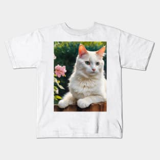 Cute White Cat With Flowers Watercolour Cat Art Kids T-Shirt